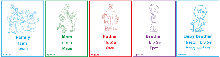 Карточки с названиями членов семьи на английском: Мать, отец, брат