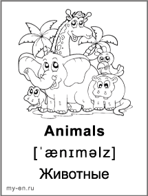 Черно-белая карточка «Животные». Группа животных на фоне пальм.
