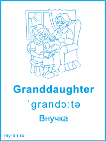Карточка «Моя семья и родственники». Внучка читает книгу, бабушка вяжет возле окна.