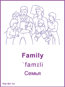 Карточка «Моя семья и родственники». Рисунок, отец, мать и трое детей.