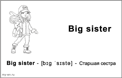 Черно-белая карточка «Моя семья». Девушка в зимней одежде и с сумкой на плече.