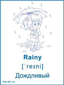 Карточка «Погода». Идет дождь, девочка стоит под зонтиком.