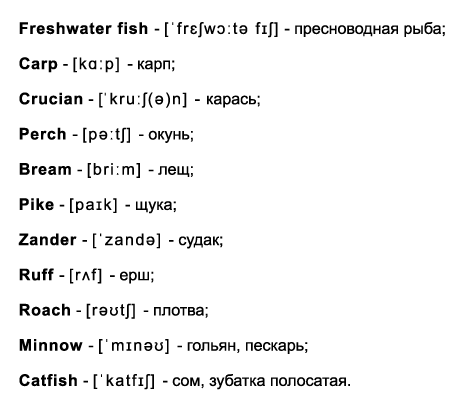 Список пресноводных рыб на английском языке