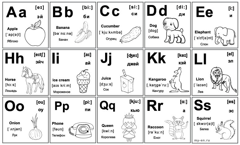 Черно-белые буквы: a, b, c, d, e, h, i, j, k, l, o, p, q, r, s. С картинками и транскрипцией.
