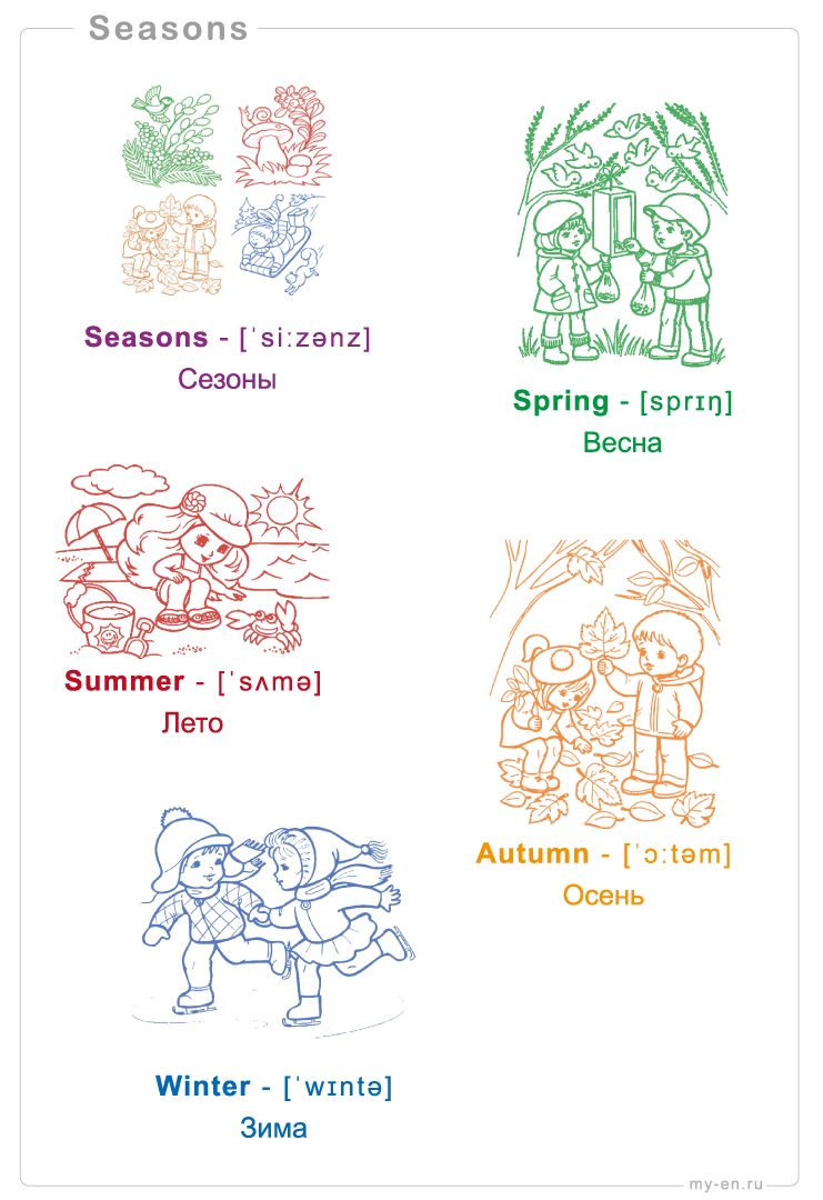 Картинки сезонов года с названием на английском языке, транскрипцией и переводом на русский