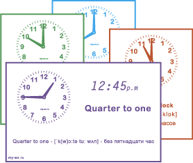 Карточки с часами показывающими время и названием на английском языке